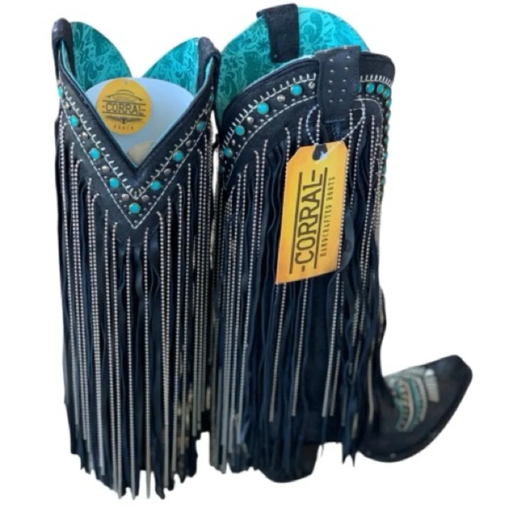CORRAL EMBROIDERED AND CRYSTAL Black and Turquoise Eagle FRINGE WESTERN BOOTS - Picture 11 of 16